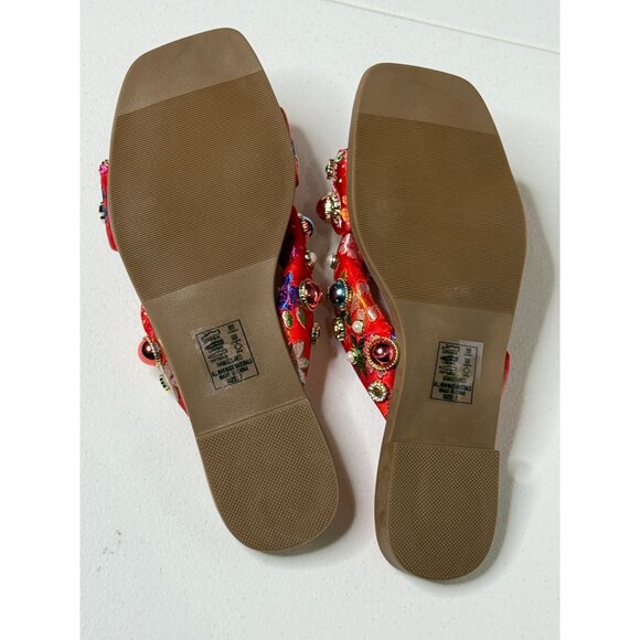 Akira Ramsey Red Satin Floral Jewel Slide Sandals Size 7 | Embellished New - Picture 9 of 11